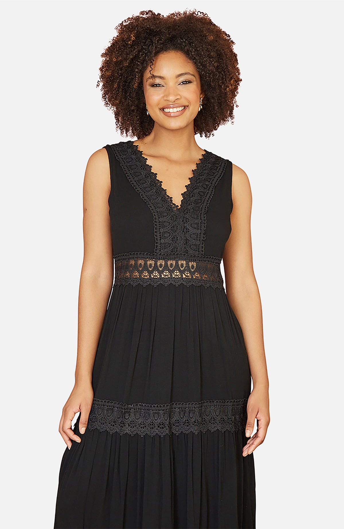 thumbnail image 3 of Yumi Lace Trim Cotton Maxi Sun Dress - Black, S, 3 of 5