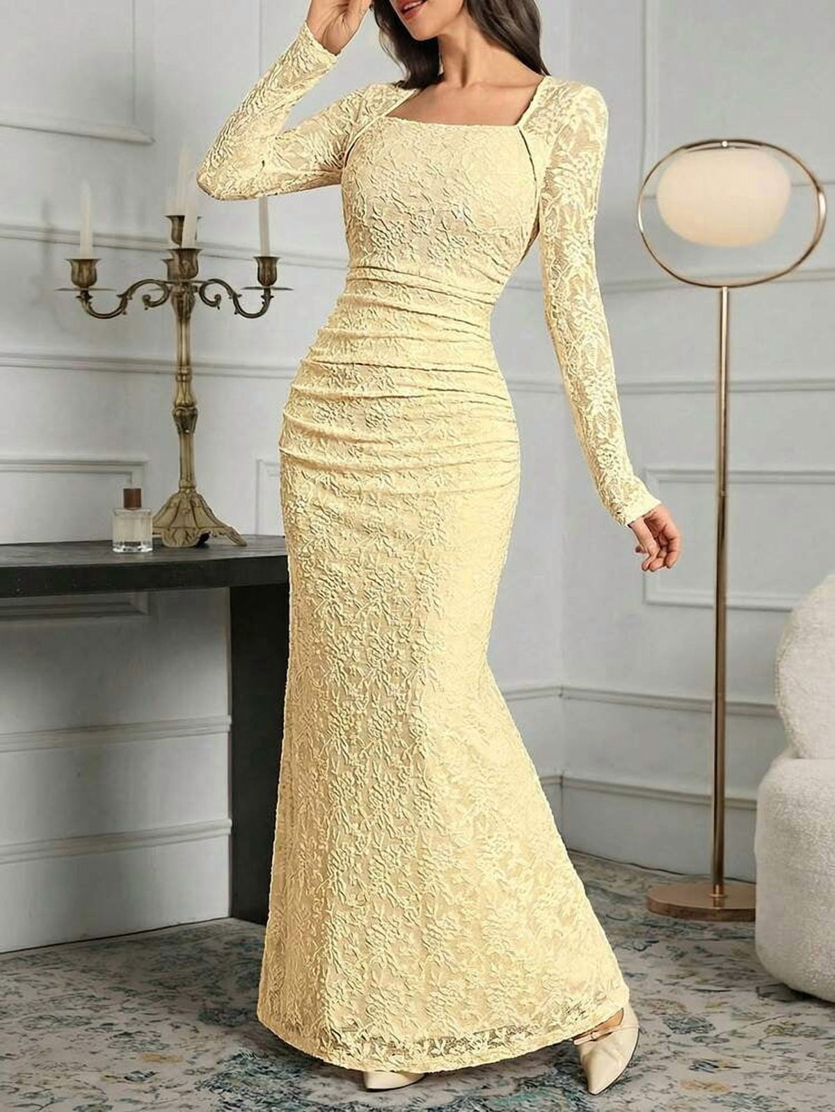 thumbnail image 6 of Pale Yellow Lace Long Sleeve Square Neck Bodycon Evening Dress, 6 of 7