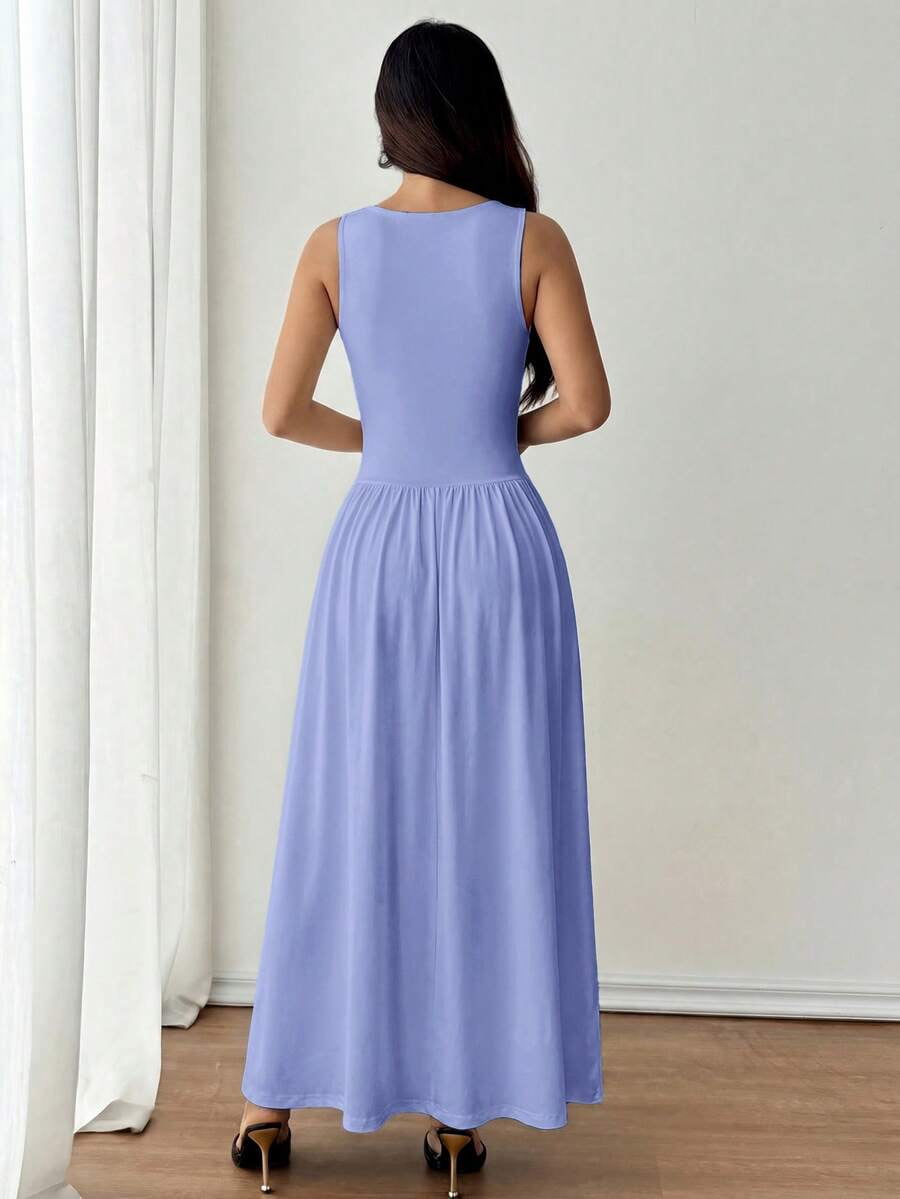 thumbnail image 2 of Petite Womens Blue Solid Square Neck Ruched Flared Maxi Dress For Spring Summer, 2 of 7