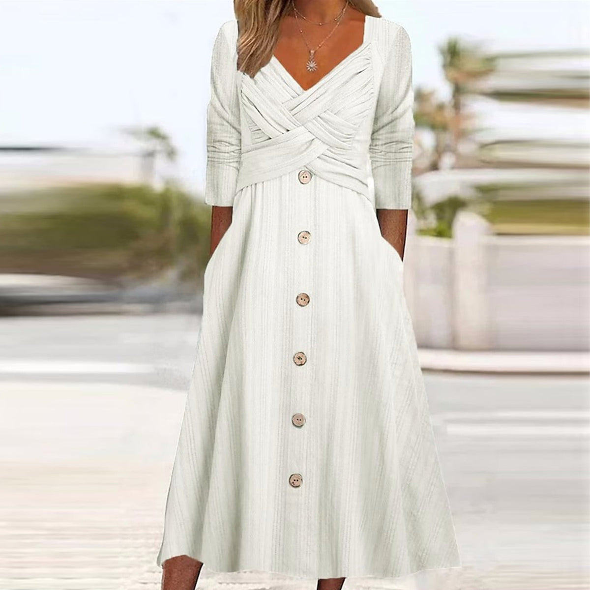thumbnail image 2 of Summer Dresses for Womens Casual Loose Cross Strap V Neck Backless Dress Tie Waist Sweater Dress Cotton Linen Maxi Dress Loose Fitted Dress Button Hem Dress White S, 2 of 6