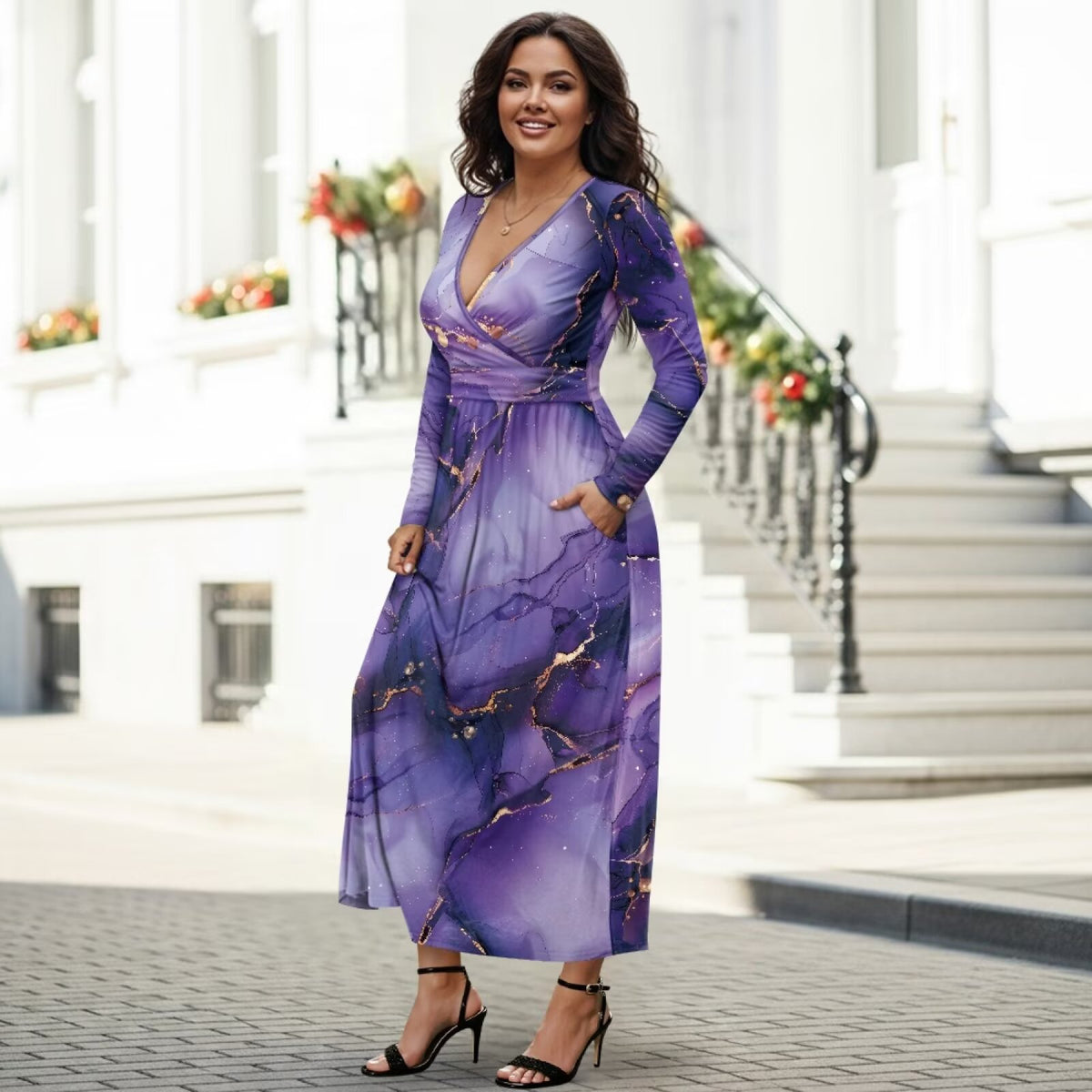 thumbnail image 3 of FKELYI Fall Maxi Dress for Women Long Sleeve A-Line Flowy Dresses with Side Pockets Marble Purple Gold Print V Neck Casual Dress for Spring Winter, 2XL, 3 of 6