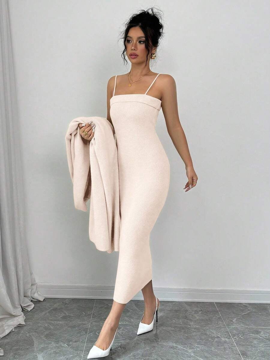 thumbnail image 4 of 2pcs Womens Baby Pink Spaghetti Strap Minimalist Dress With Long Sleeve, 4 of 5