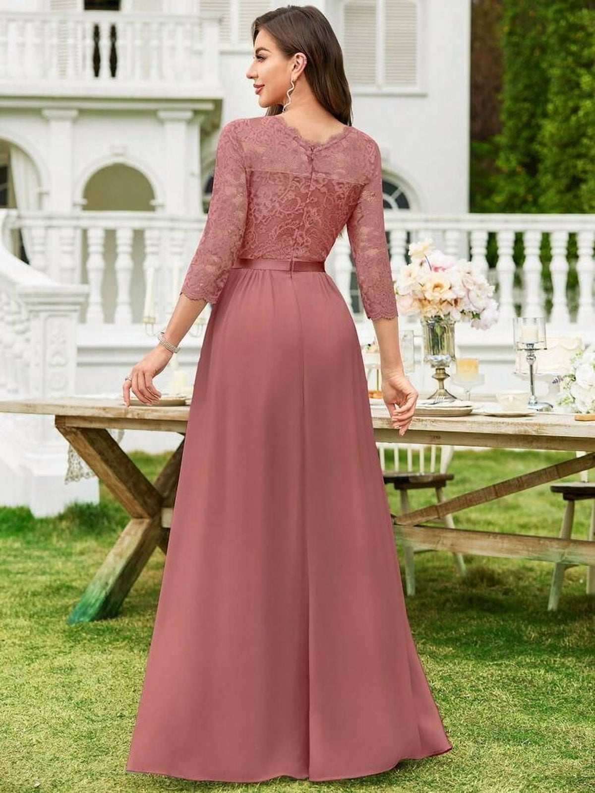 thumbnail image 2 of Dusty Pink Lace Bodice Chiffon Pleated Long Evening Dress, 2 of 8