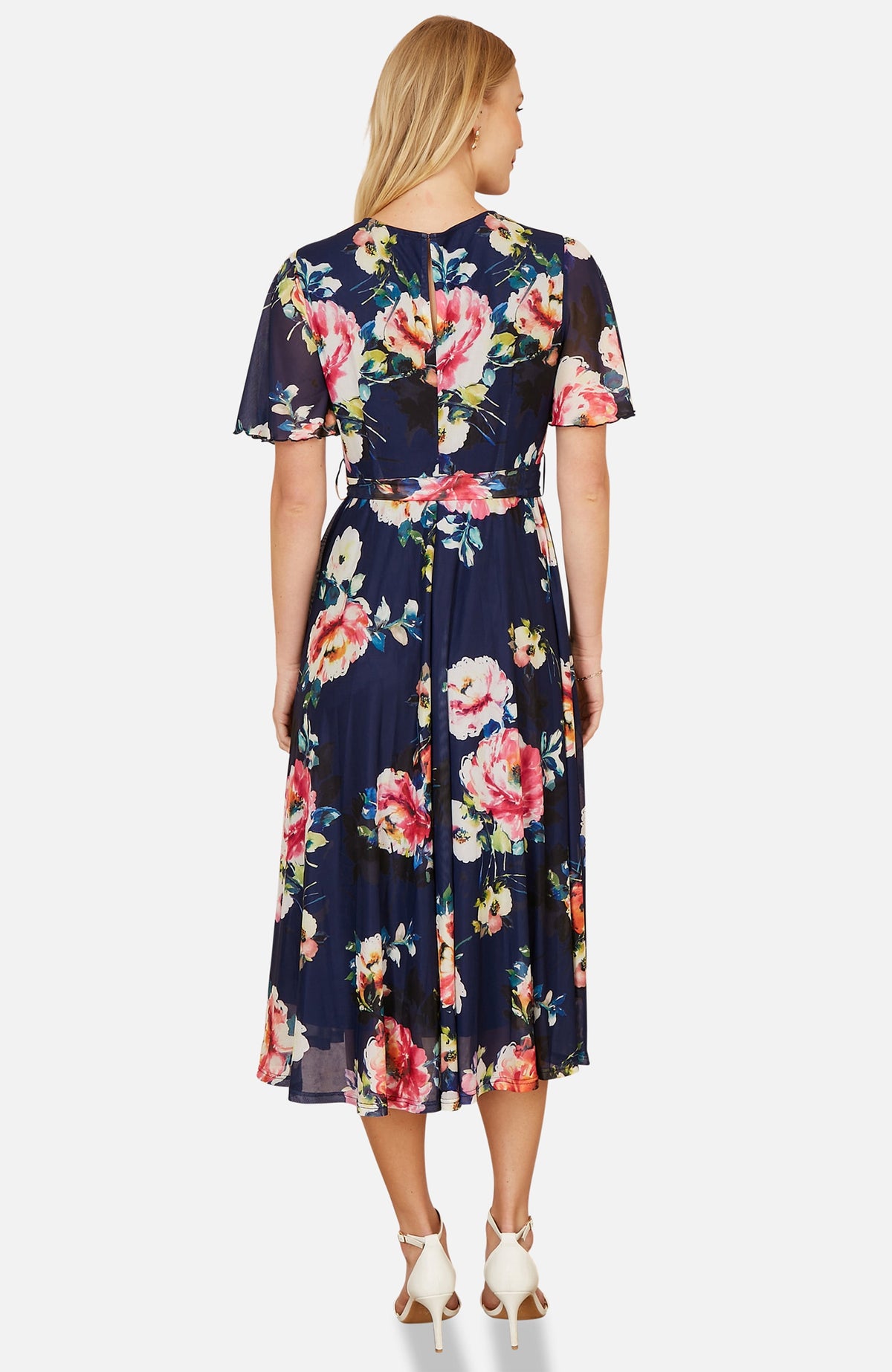 thumbnail image 2 of Yumi Mesh Floral Print Midi Dress - Navy, 6, 2 of 6