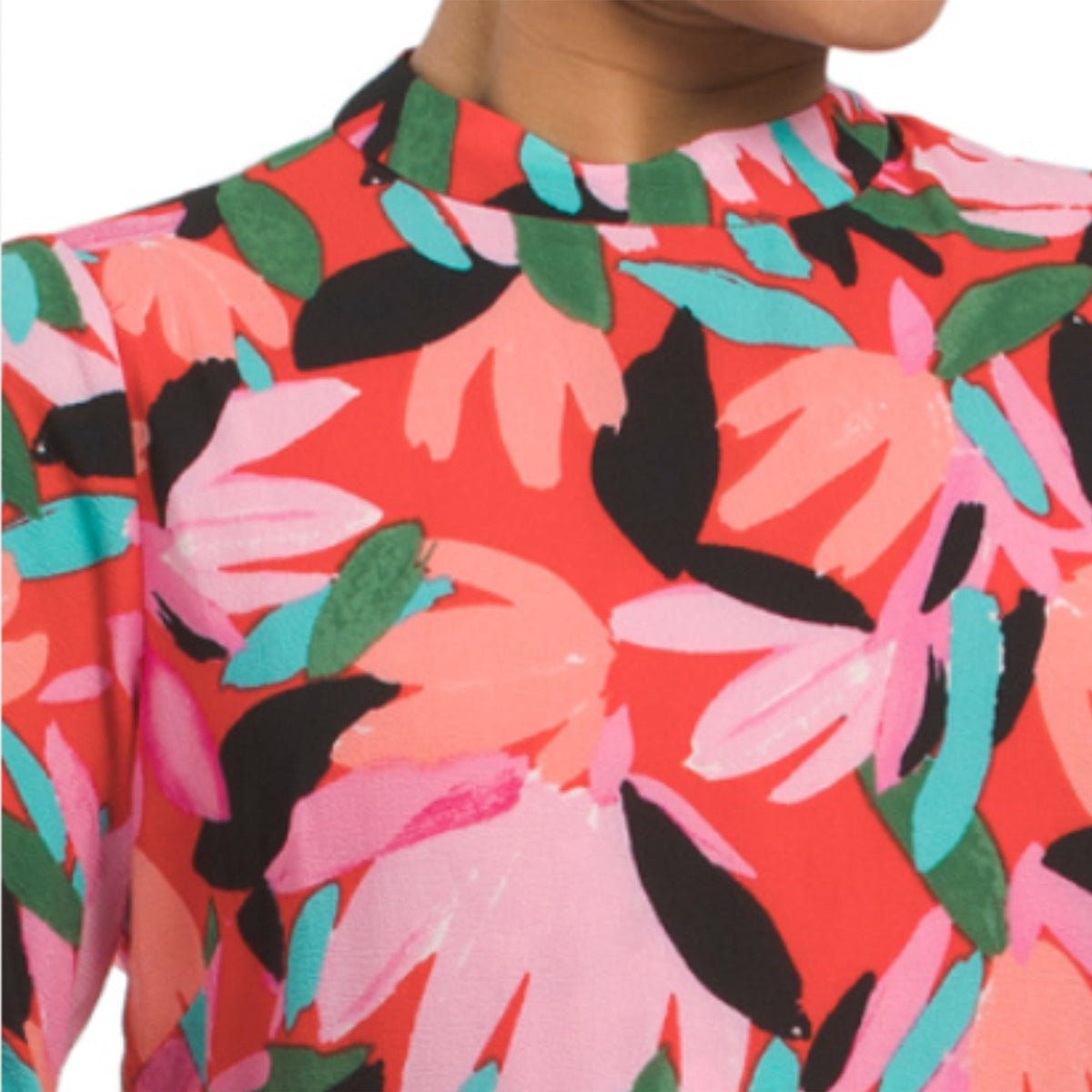 thumbnail image 4 of DONNA MORGAN Women's Mock Neck Long Sleeve Floral Print Shift Mini Dress (Pink, 12), 4 of 7