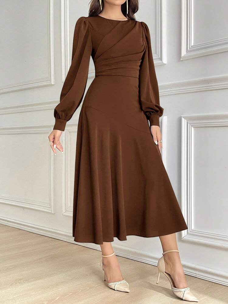 thumbnail image 5 of Coffee Brown Long Sleeve Midi Dress with Gathered Waist, 5 of 7