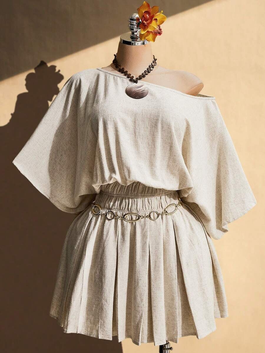 thumbnail image 3 of Apricot Plus Size Solid Color Asymmetric Neck Linen Dress with Belt, 3 of 7