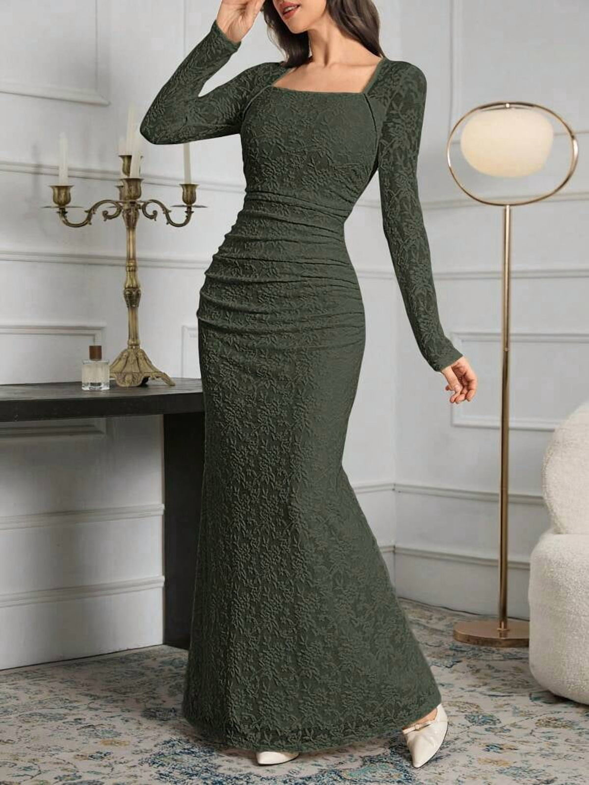 thumbnail image 4 of Dark Green Long Sleeve Square Neck Lace Bodycon Evening Dress, 4 of 6