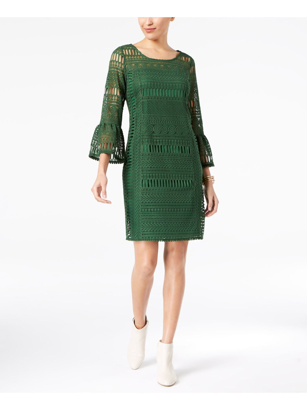 thumbnail image 1 of ALFANI Womens Green Crochet Illusion Bell Sleeve Scoop Neck Knee Length Shift Party Dress Size: 4, 1 of 3