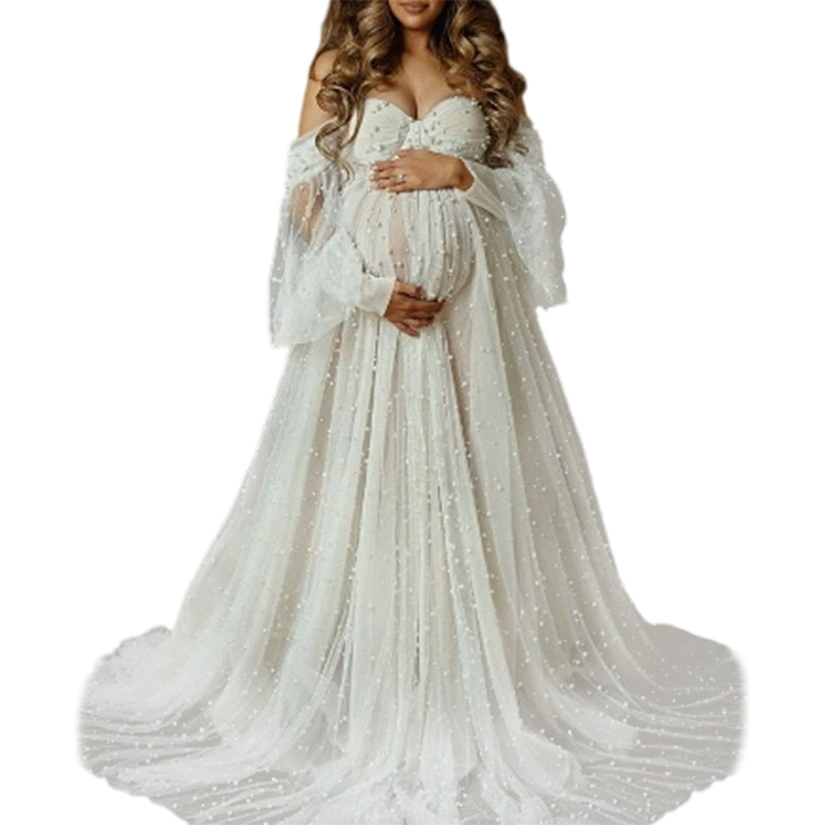 thumbnail image 1 of Adjustable Maternity Maxi Dress for Photography Off Shoulder Design Polyester Fabric Comfort Wear Pregnancy, 1 of 8