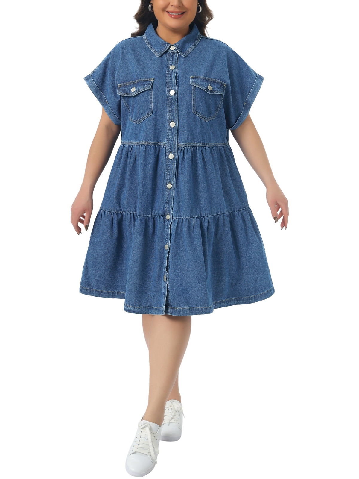 thumbnail image 1 of Agnes Orinda Women's Plus Size Denim Babydoll Dress Short Sleeve Button Down Tiered Hem Casual A-line Jean Dresses with Pockets 1X Blue, 1 of 6