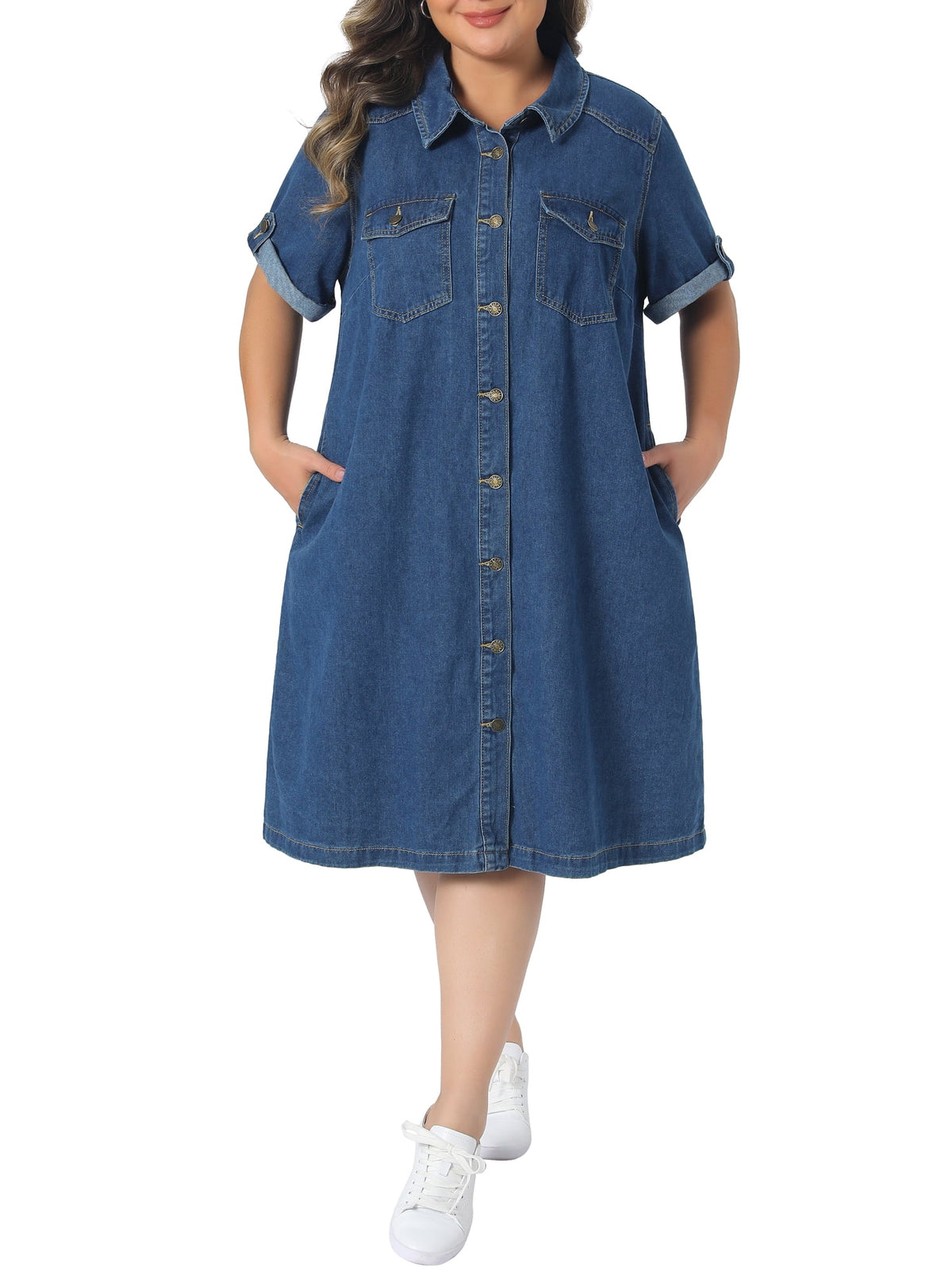 thumbnail image 1 of Agnes Orinda Women's Plus Size Denim Dresses Button Down Lapel Short Sleeve Midi Summer Casual Denim Jean Shirt Dress with Pockets 2X Blue, 1 of 8