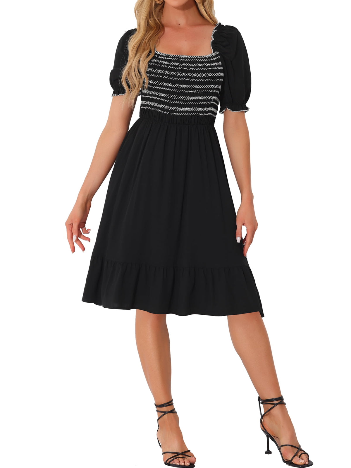 thumbnail image 1 of INSPIRE CHIC Smocked Dress for Women's Square Neck Puff Short Sleeve Ruffle Summer Dresses S Black, 1 of 6