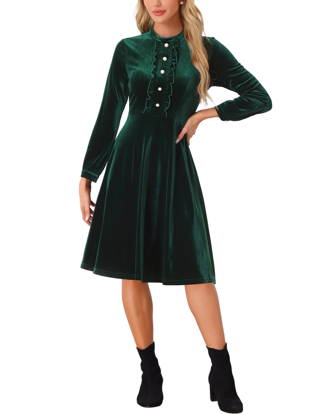 thumbnail image 1 of INSPIRE CHIC Women's Velvet Dress Mock Neck Button Front Ruffle Vintage Flare Dresses S Dark Green, 1 of 6