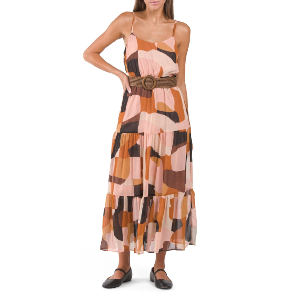 thumbnail image 1 of Anne Klein Women's Jolene Spaghetti Strap Belted Maxi Dress (Brown, 8), 1 of 5