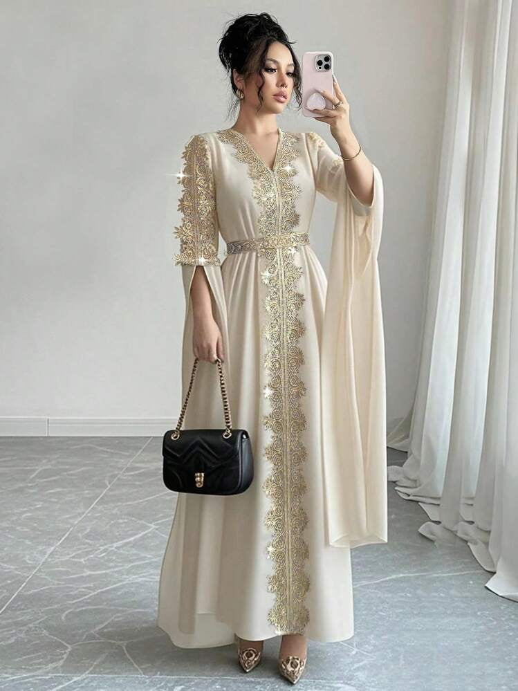 thumbnail image 1 of Apricot Long Sleeve Lace Trim Abaya Kaftan Dress, 1 of 7