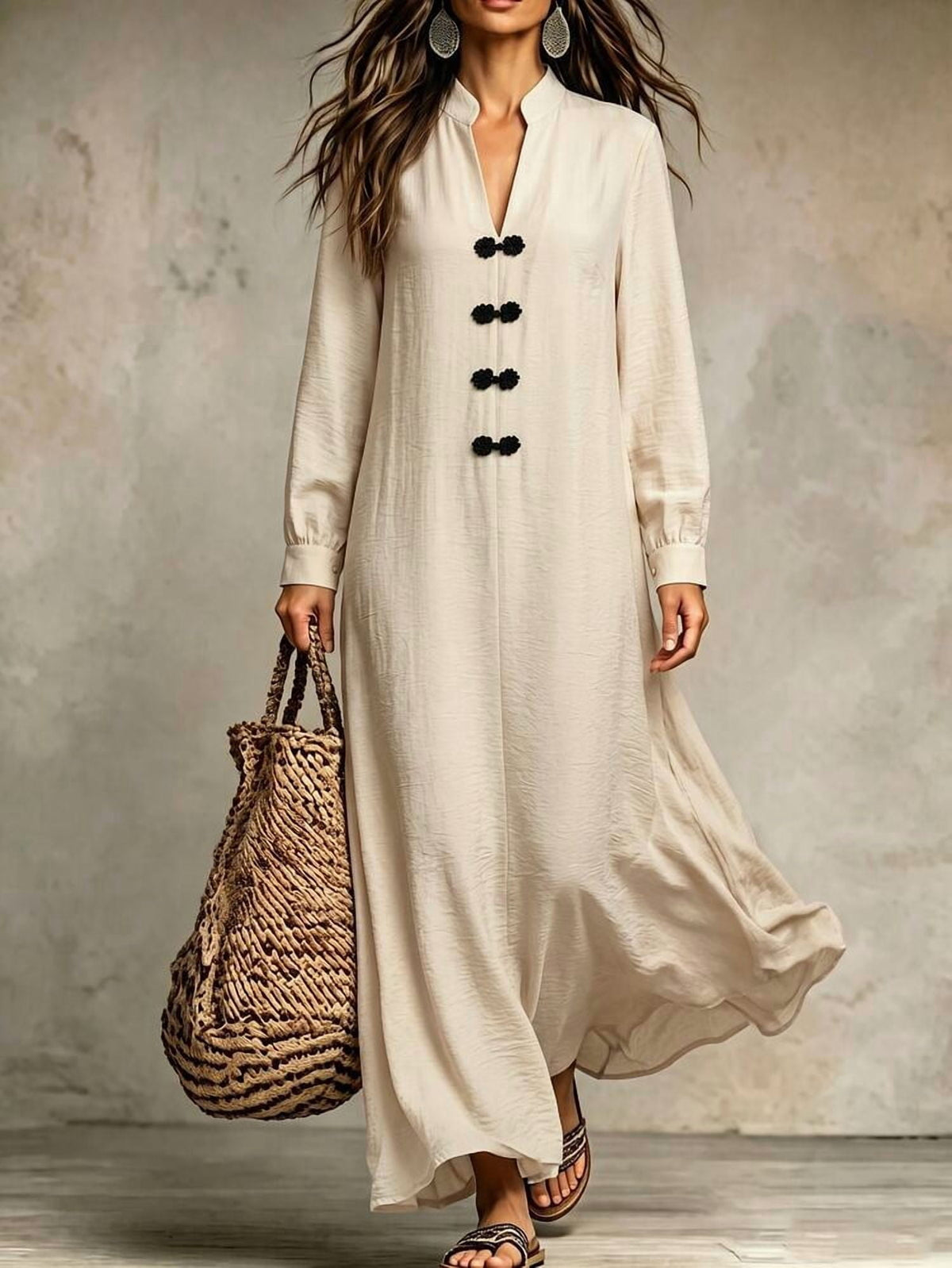 thumbnail image 1 of Apricot Long Sleeve Mandarin Collar Frog Button Maxi Dress, 1 of 3