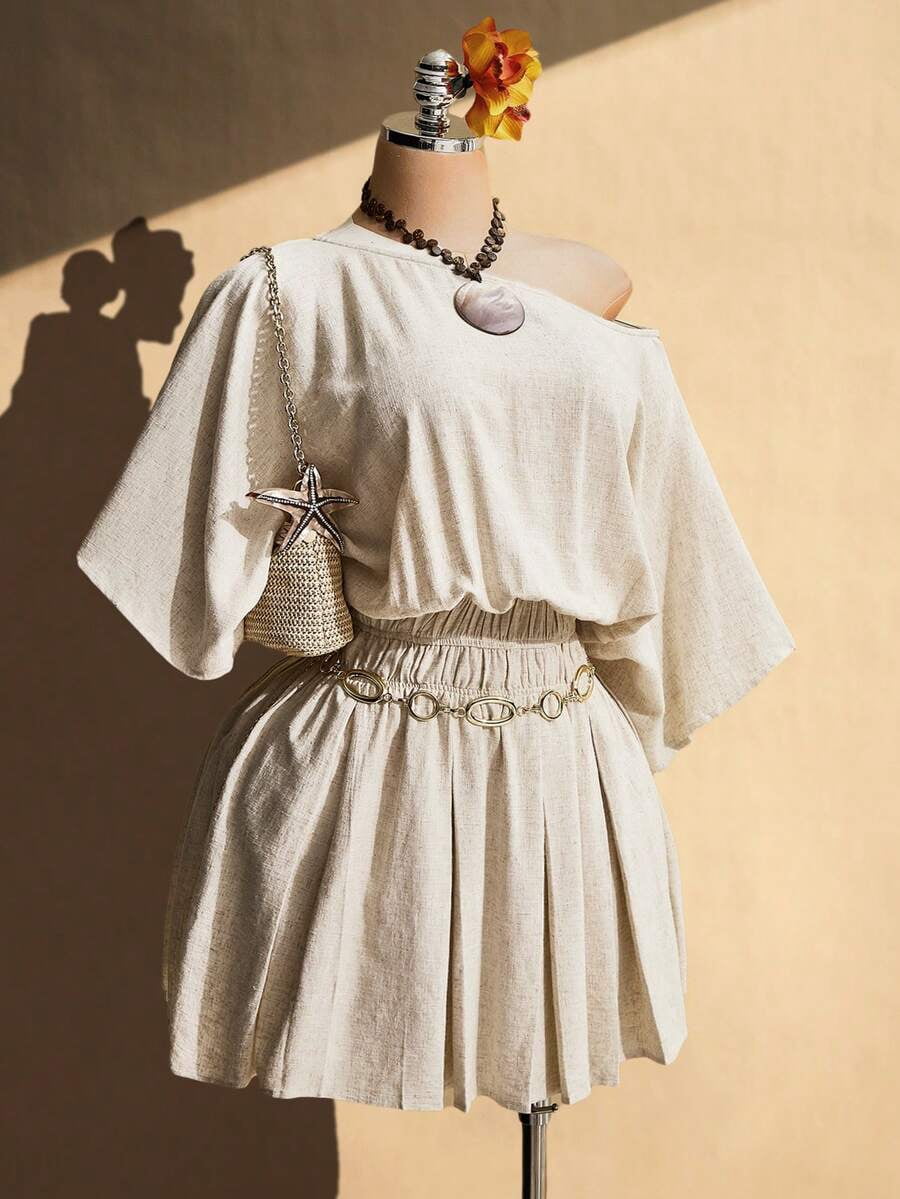 thumbnail image 1 of Apricot Plus Size Solid Color Asymmetric Neck Linen Dress with Belt, 1 of 7