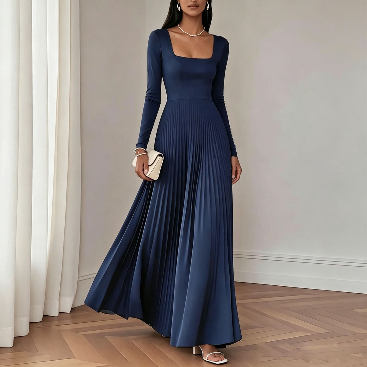 thumbnail image 1 of BRGZLK Square Neck Bridesmaid Dresses for Women Trendy Solid Color Long Sleeve Empire Waist Pleated Gowns Wedding Guest Dress Maxi Formal Evening Dress Navy XL, 1 of 8