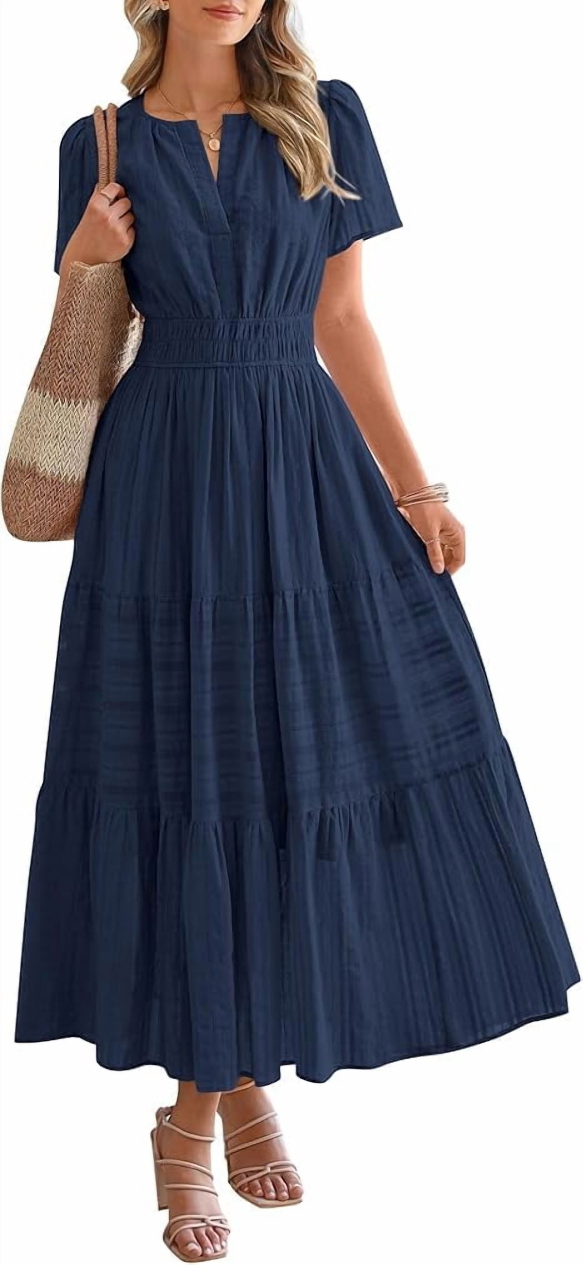 thumbnail image 1 of BTFBM Womens Summer Casual Midi Maxi Dresses Lightweight Short Sleeve V Neck Elastic Waist Boho Beach Dress Pockets, 1 of 8