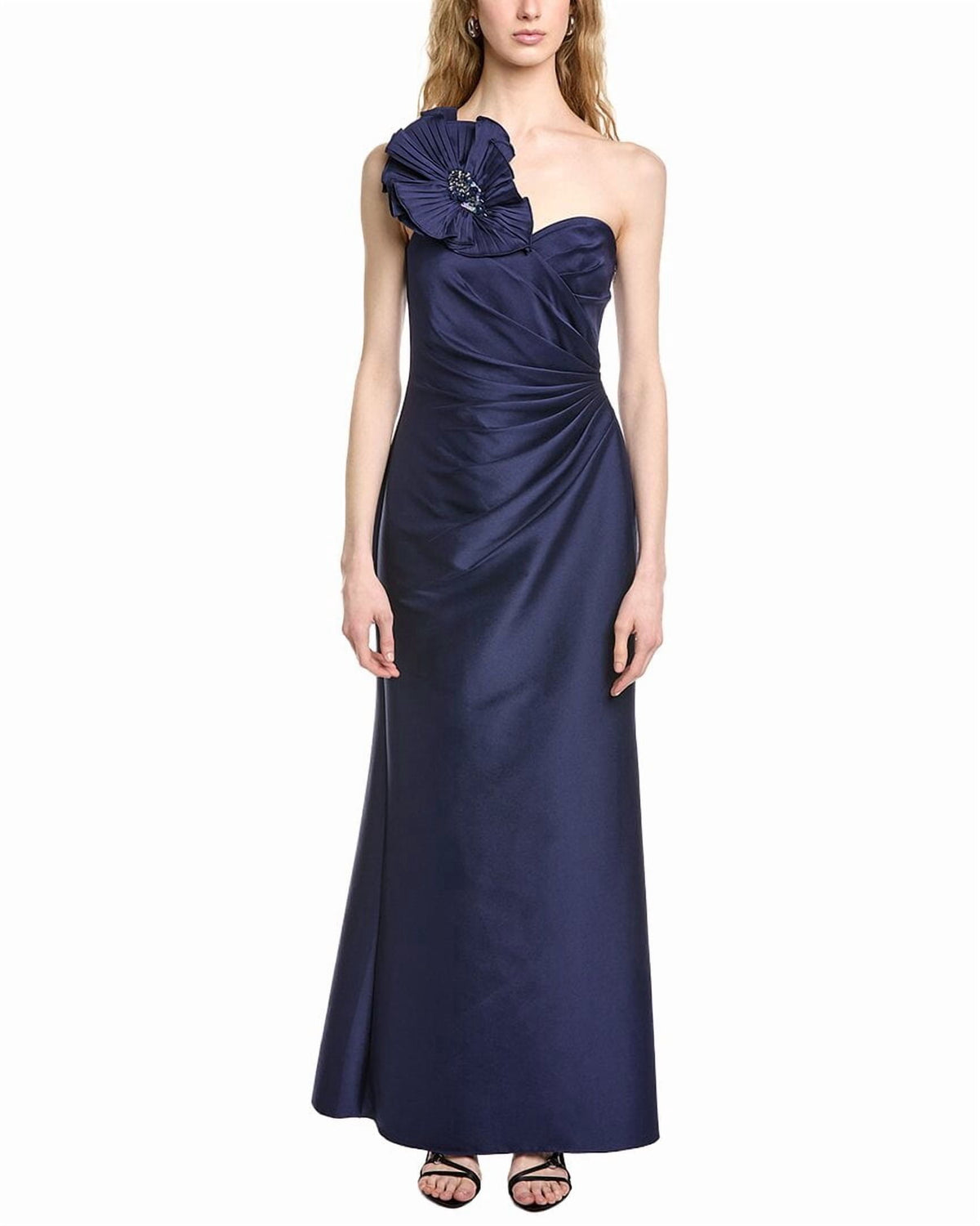 thumbnail image 1 of Badgley Mischka womens Side Drape Flower Shoulder Gown, 2, Navy, 1 of 5