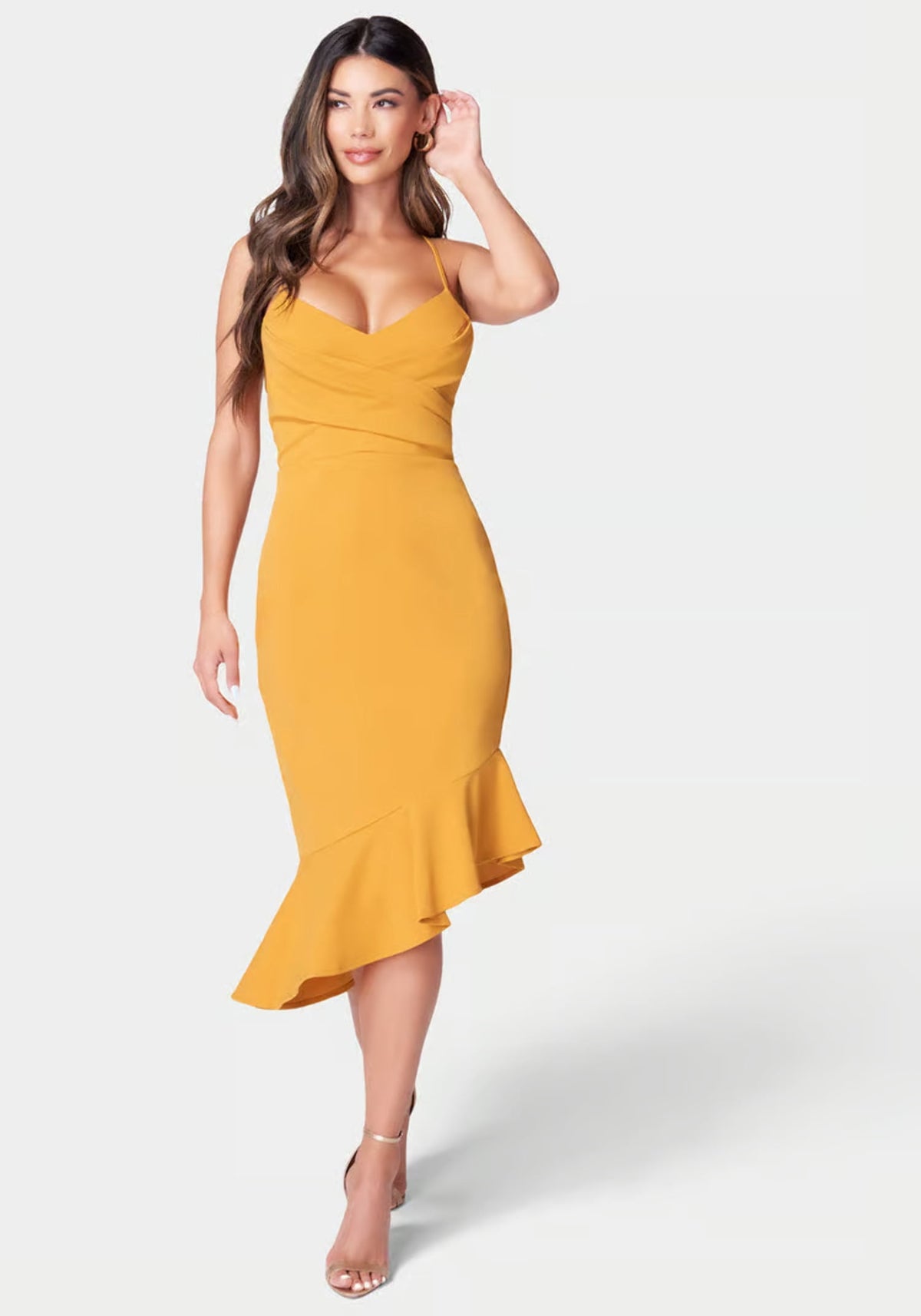 thumbnail image 1 of Bebe Crossover Flounce Scuba Dress Women Small Mustard Crepe Asymmetrical JDM011, 1 of 5