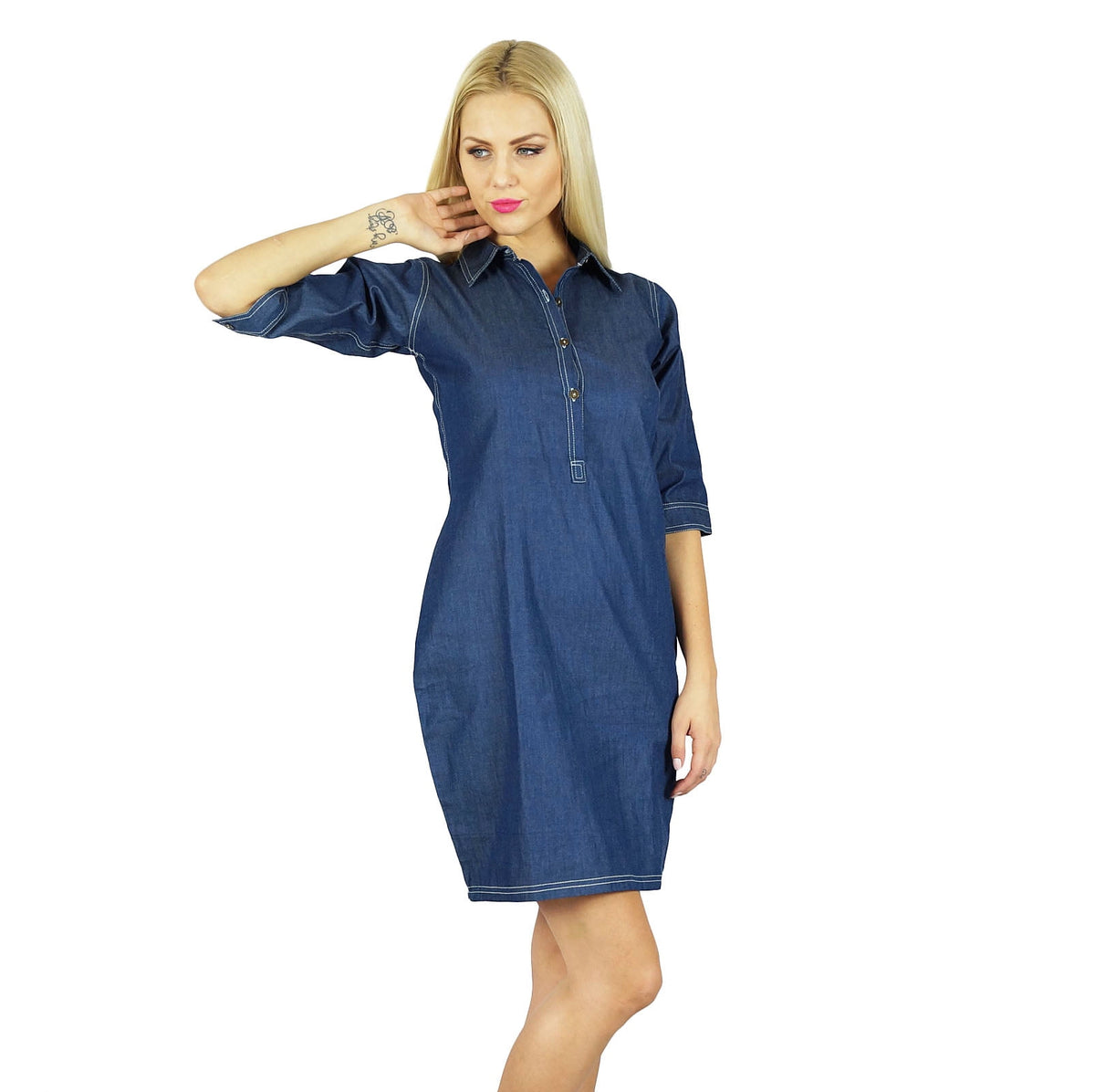 thumbnail image 1 of Bimba Women Casual Denim Dress 3/4 Sleeve Collar Shirt Stlye Dress., 1 of 7