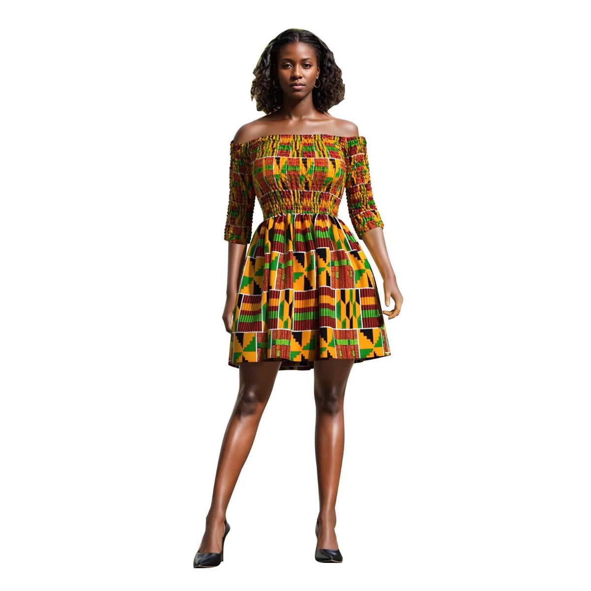 thumbnail image 1 of Bintarealwax African Dresses for Women Floral Off the Shoulder Mini Smocked Dress with Short Sleeve Party, 1 of 3