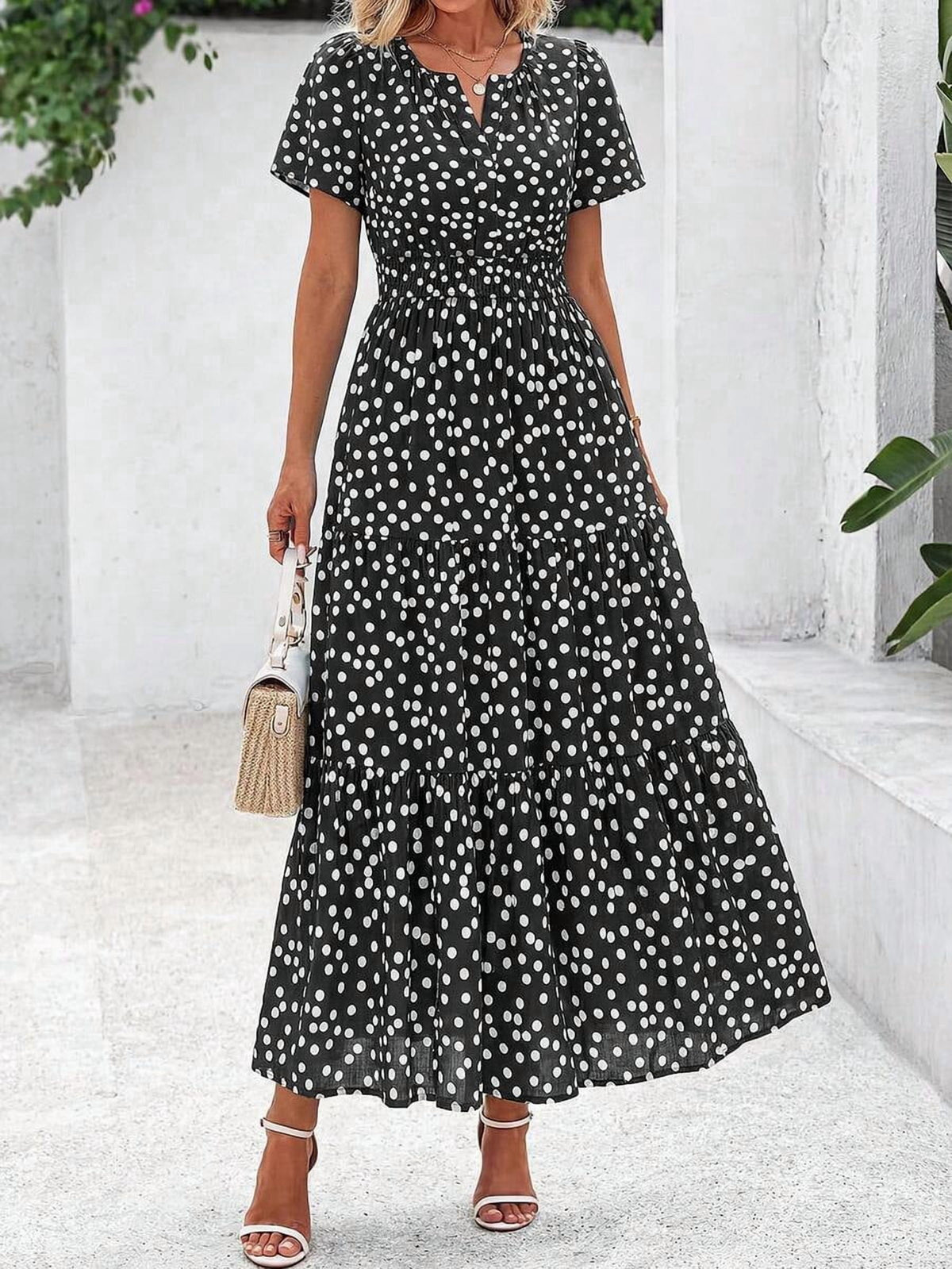 thumbnail image 1 of Black And White Polka Dots V-Neck Short Sleeve Elastic Waist Maxi Dress, 1 of 30