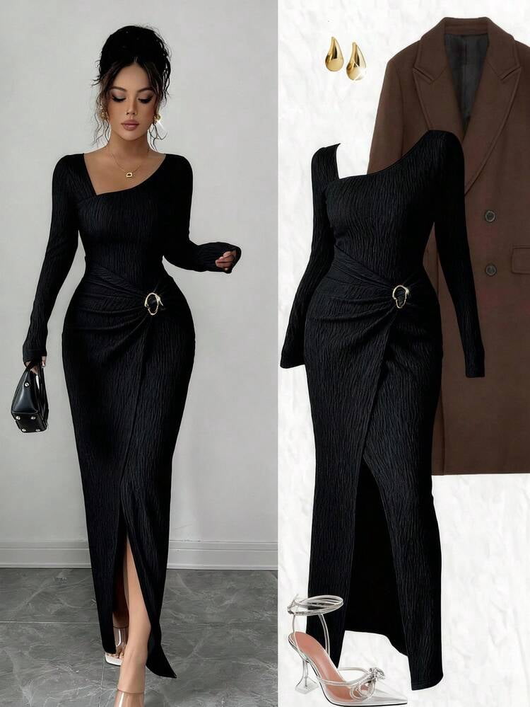 thumbnail image 1 of Black Asymmetrical Neck Knitted Long Dress with Ornamental Buckle, 1 of 7
