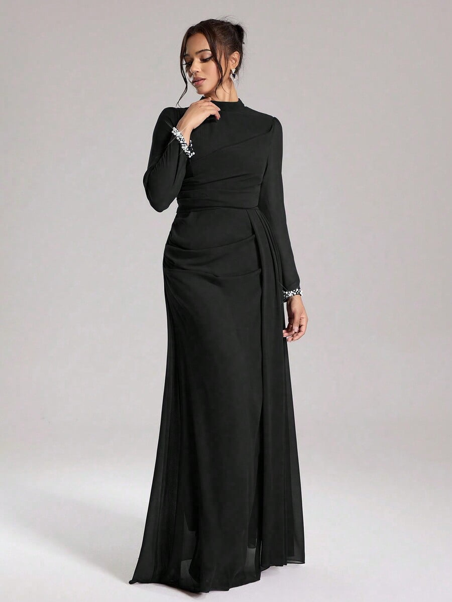 thumbnail image 1 of Black Long Sleeve Formal Evening Gown with Sequin Pearl Cuffs, 1 of 8