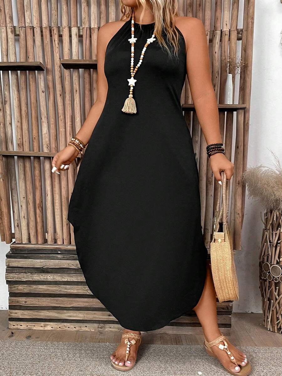 thumbnail image 1 of Black Womens Solid Color Simple Daily Open Shoulder Dress Maxi Women Outfit, 1 of 7