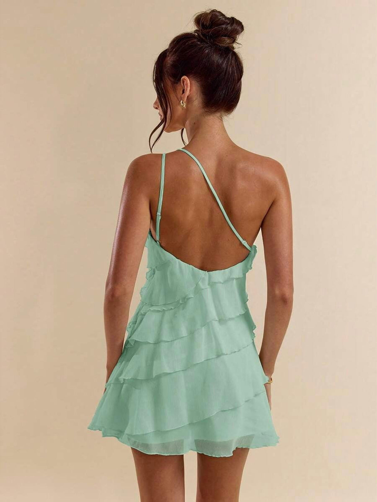 thumbnail image 1 of Blue Layered Ruffle Mini Dress With Open Back And Adjustable Straps, 1 of 30