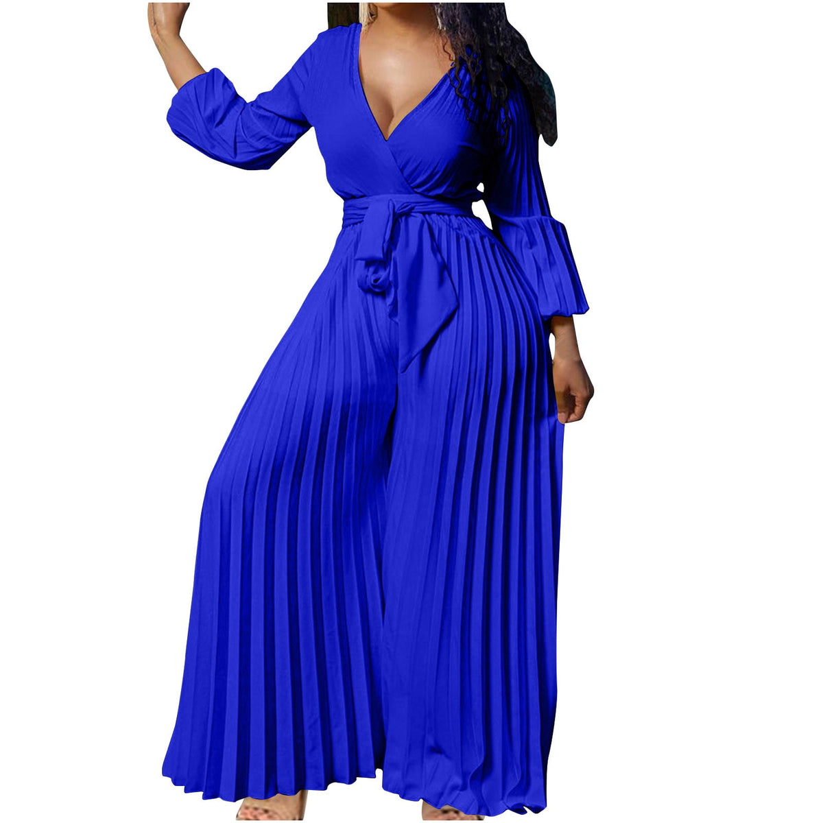 thumbnail image 1 of Brglopf Jumpsuits for Women Dressy Elegant V Neck Long Sleeve Wide Leg Pleated Pants Plus Size Formal Wedding Guest Cocktail Party Romper, 1 of 6