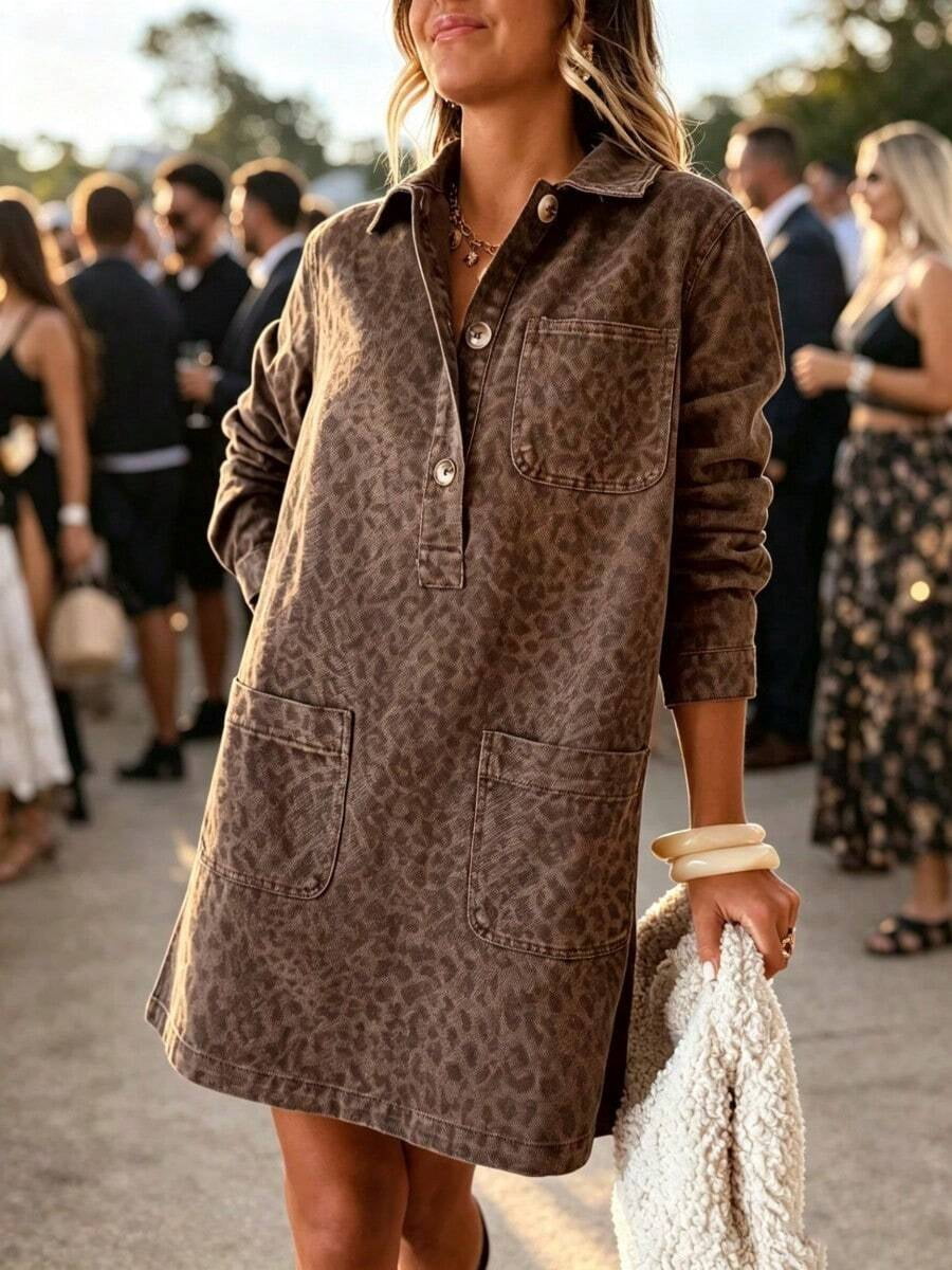 thumbnail image 1 of Brown Animal Print Long Sleeve Button Down Dress, 1 of 3