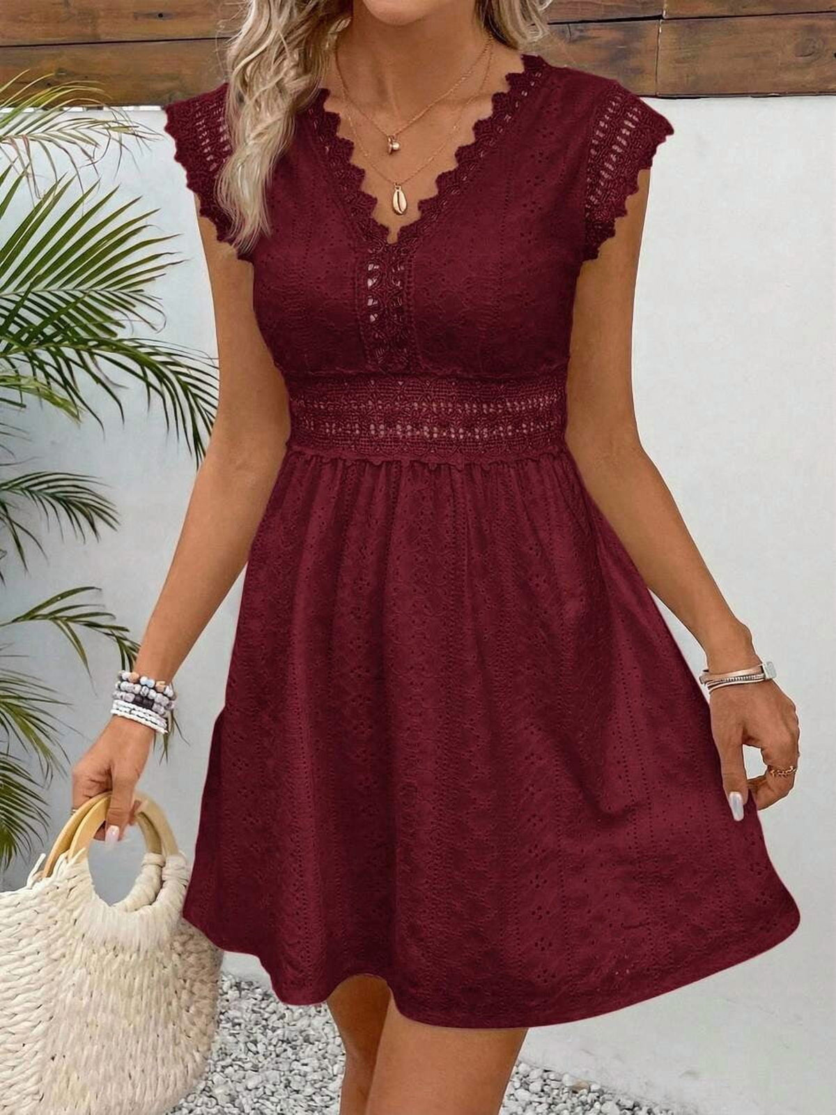 thumbnail image 1 of Burgundy Eyelet Lace V-Neck Short Sleeve A-Line Mini Dress, 1 of 30