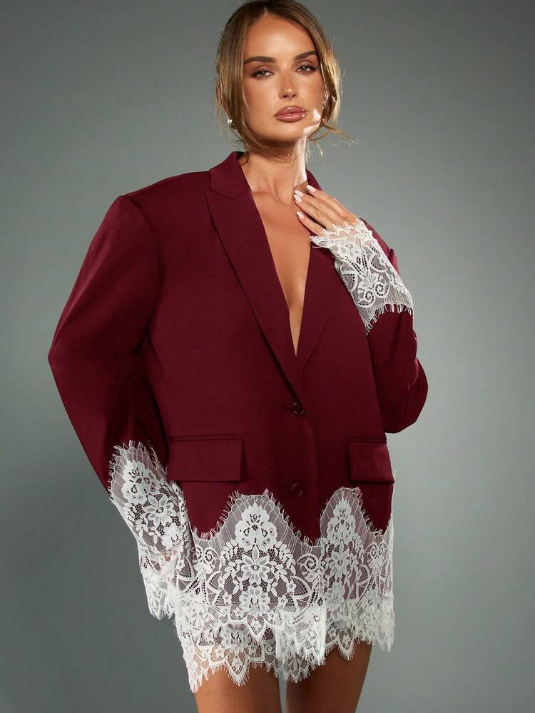 thumbnail image 1 of Burgundy Oversized Blazer Dress with Lace Trim, 1 of 7