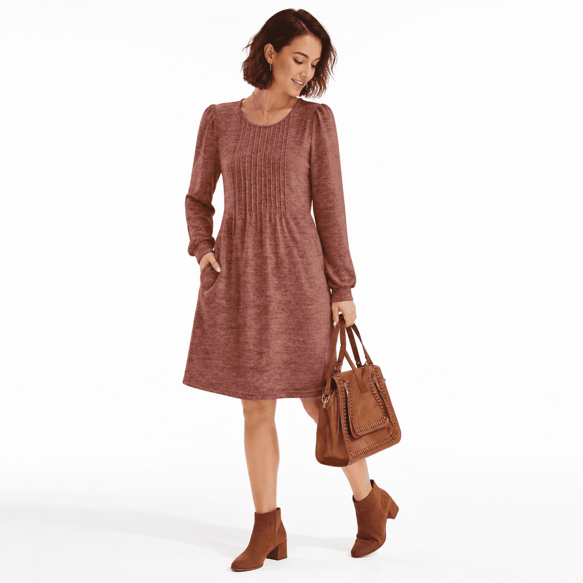 thumbnail image 1 of Caramel Small Long Sleeve Pleated Crew Neck A-Line Casual Dress with Pockets, 1 of 5