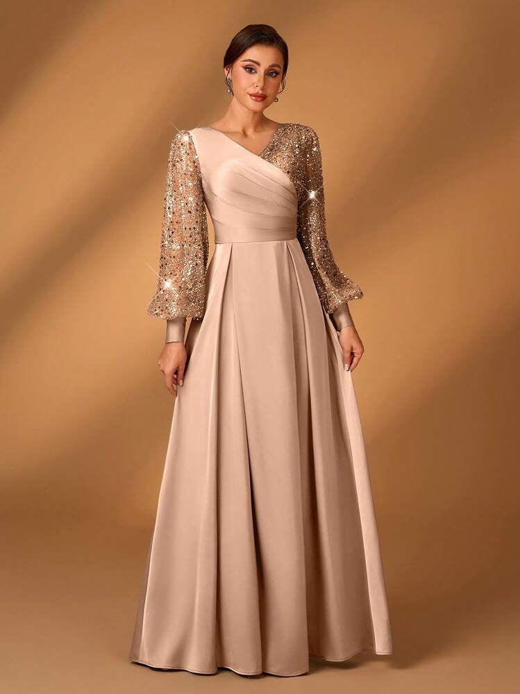 thumbnail image 1 of Champagne V Neck A Line Evening Dress with Sequin Lantern Sleeves, 1 of 7