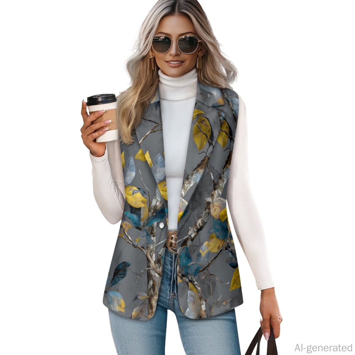 thumbnail image 1 of Chririnla Tree Leaves Print Sleeveless Collared Waistcoat for Summer, Fitted Women's Suit Vest One Button Women's Outerwear Vest, 1 of 11