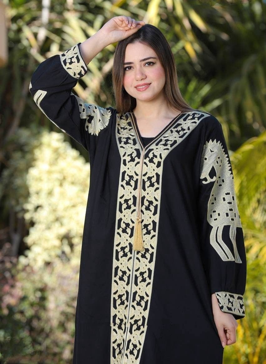 thumbnail image 1 of Classy Black embroidered, Egyptian cotton caftan, maxi dress comfort wear Materials: Egyptian cotton, Size: XXL, Color: Black, 1 of 1
