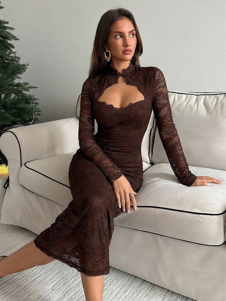 thumbnail image 1 of Coffee Brown Lace Maxi Dress with Keyhole Neckline and Long Sleeves, 1 of 7