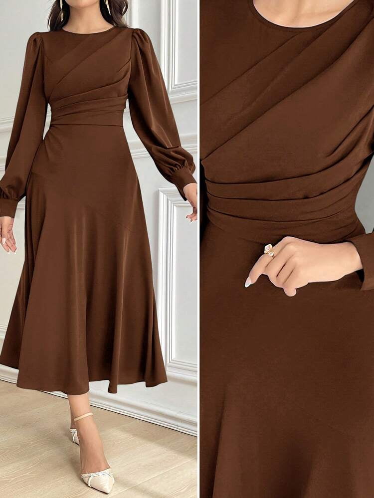 thumbnail image 1 of Coffee Brown Long Sleeve Midi Dress with Gathered Waist, 1 of 7