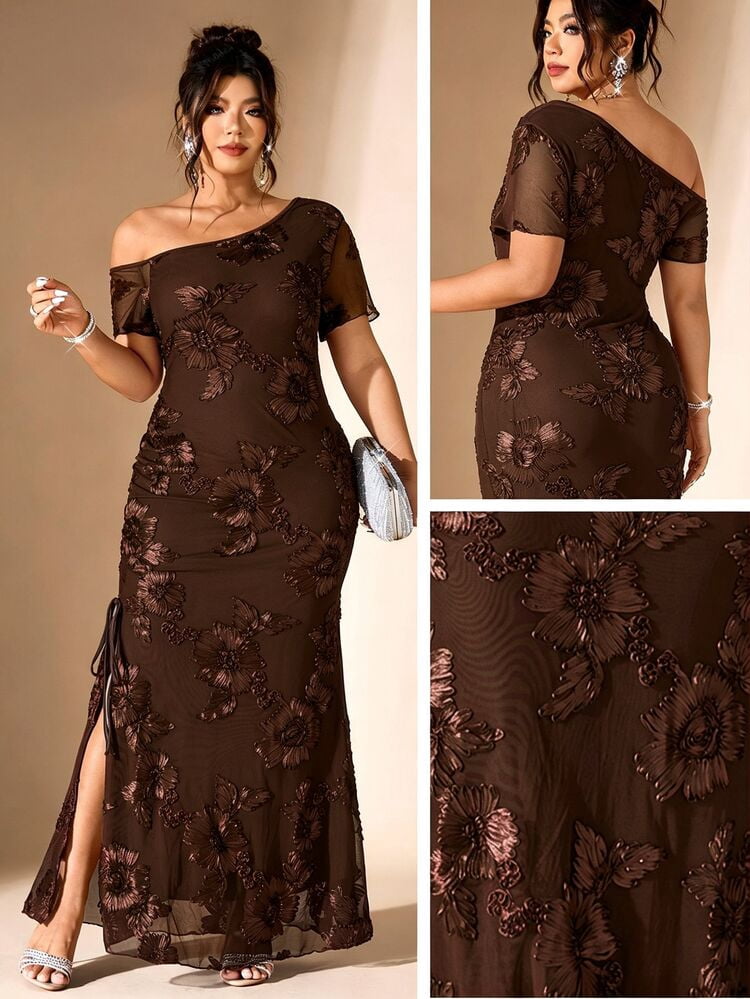 thumbnail image 1 of Coffee Brown One Shoulder Floral Embroidered Mermaid Evening Gown, 1 of 9