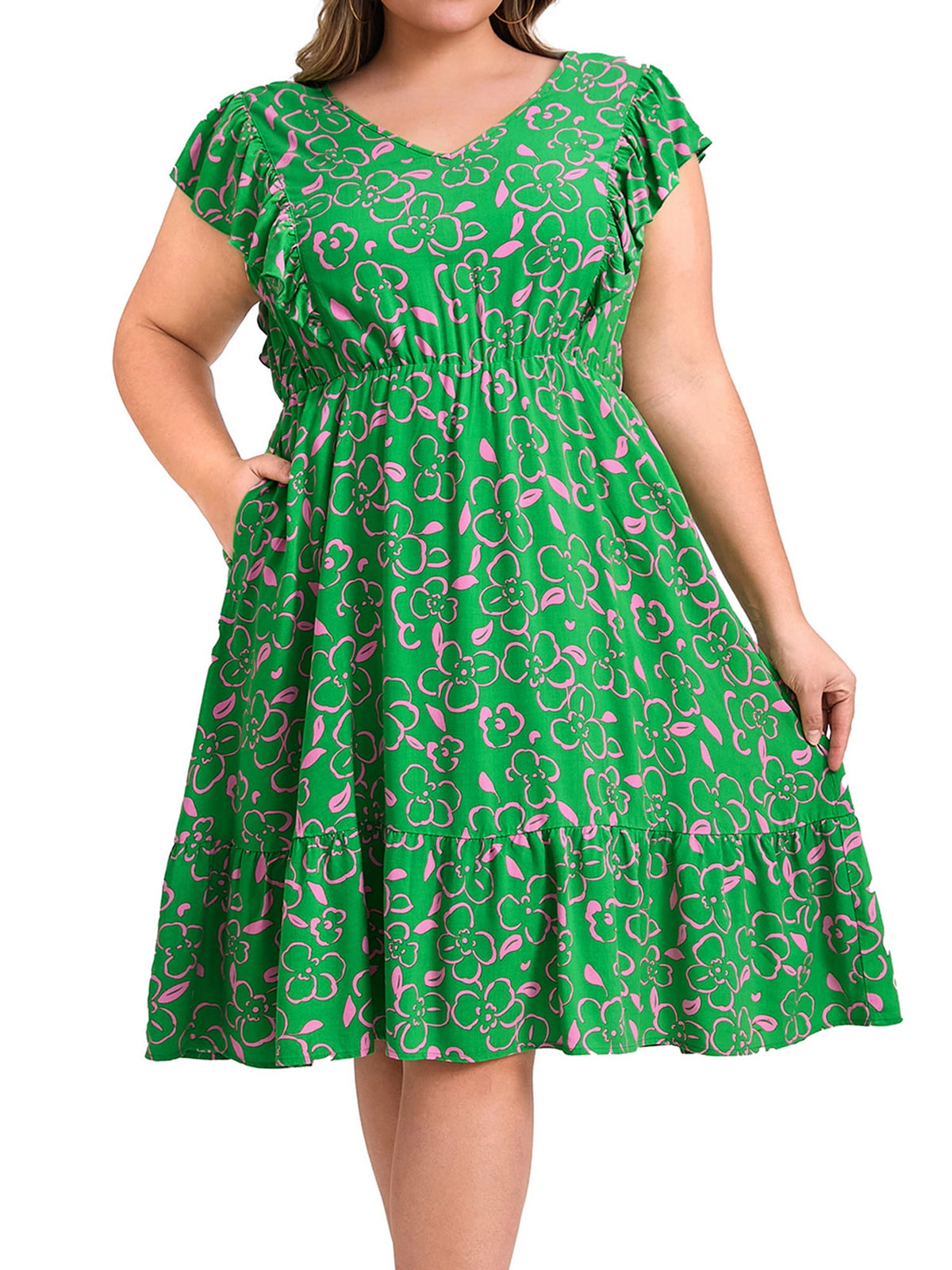 thumbnail image 1 of DARING DIVA Plus Size V Neck Ruffle Sleeve Knee Length Casual Dress 1X Green, 1 of 5