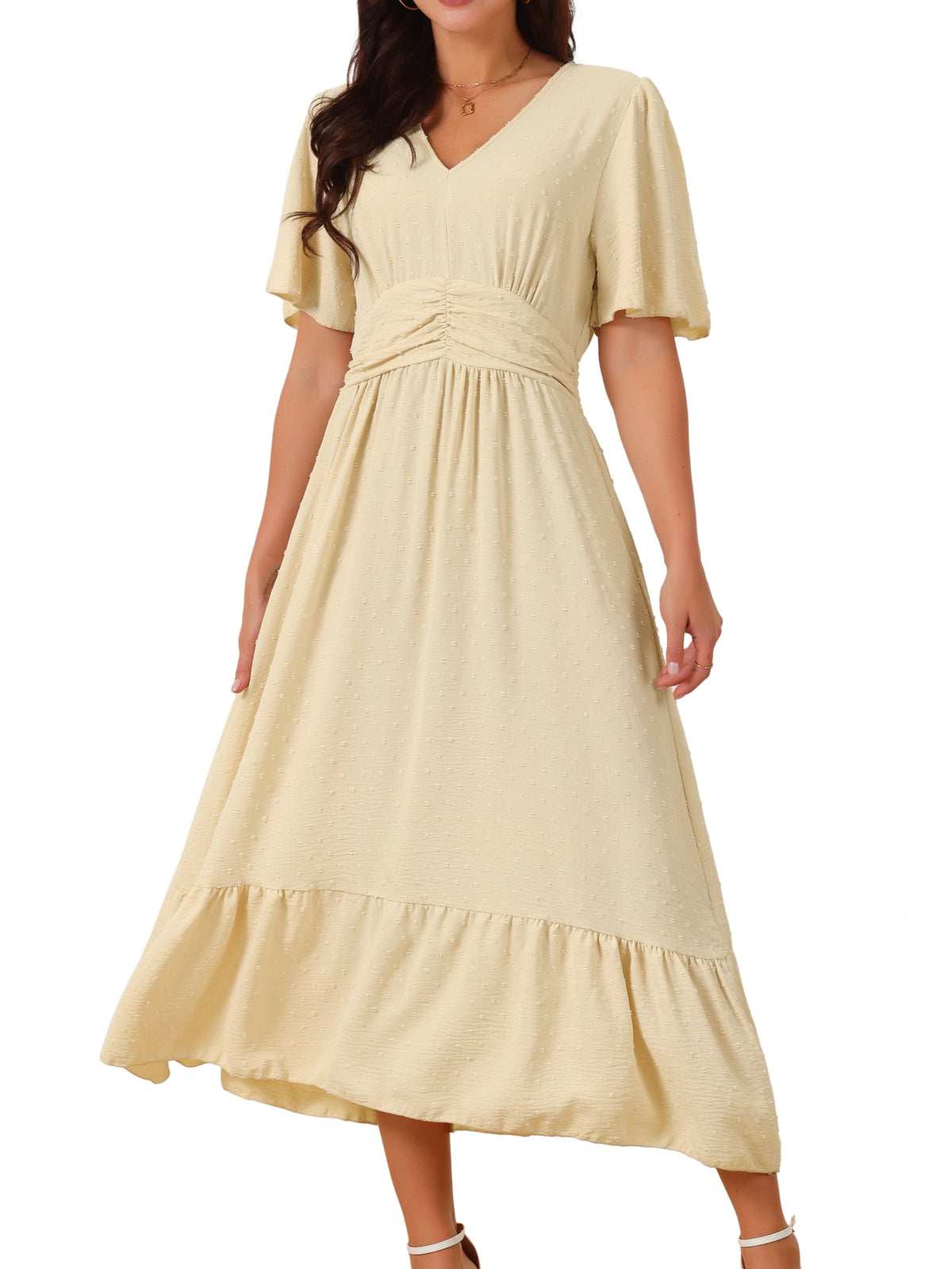 thumbnail image 1 of DARING DIVA Women's Swiss Dots Ruffle Midi Dresses S Apricot, 1 of 5