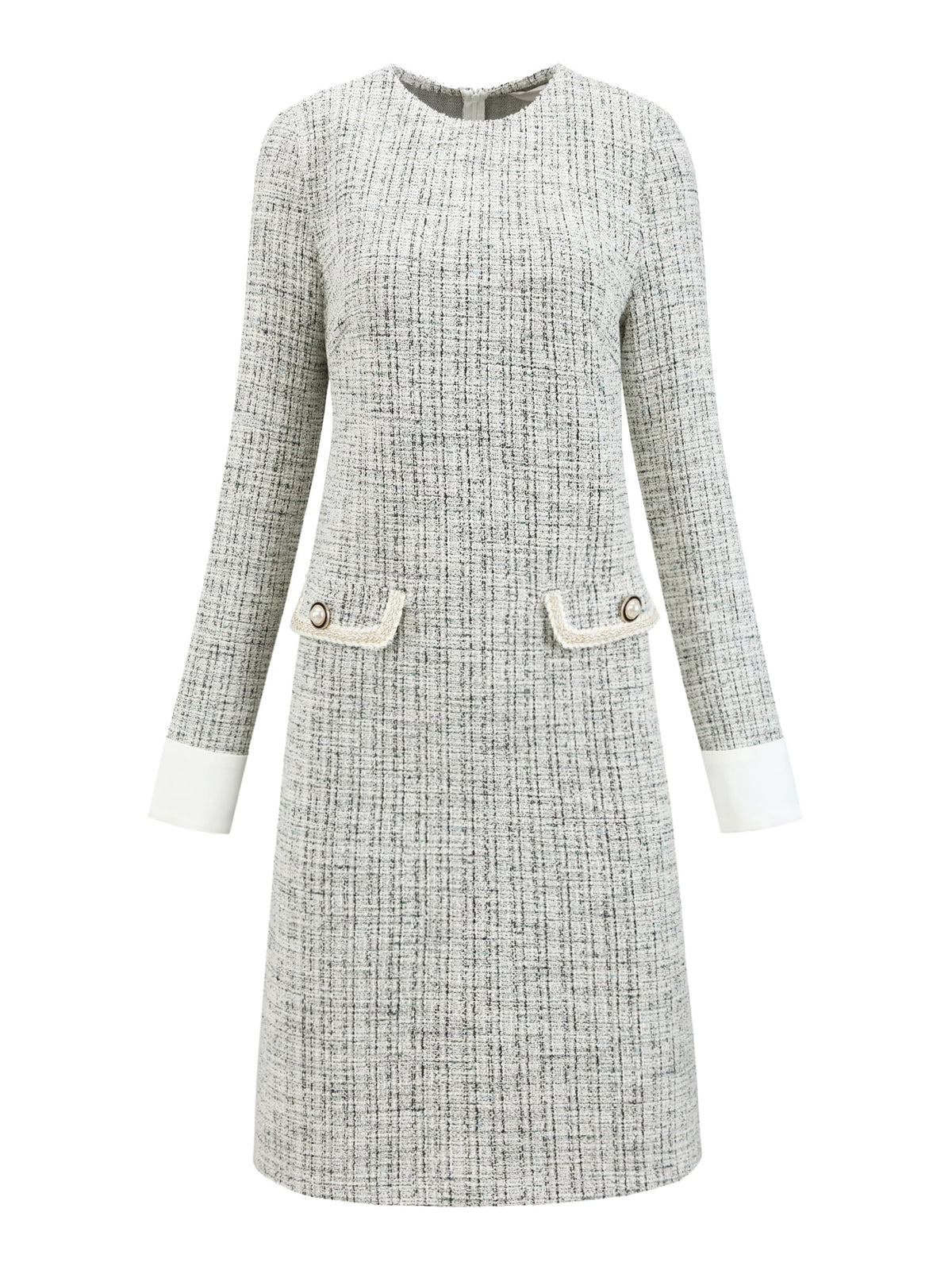 thumbnail image 1 of DARING DIVA Women's Tweed Formal Work Long Sleeve Sheath Dress M White Black, 1 of 7