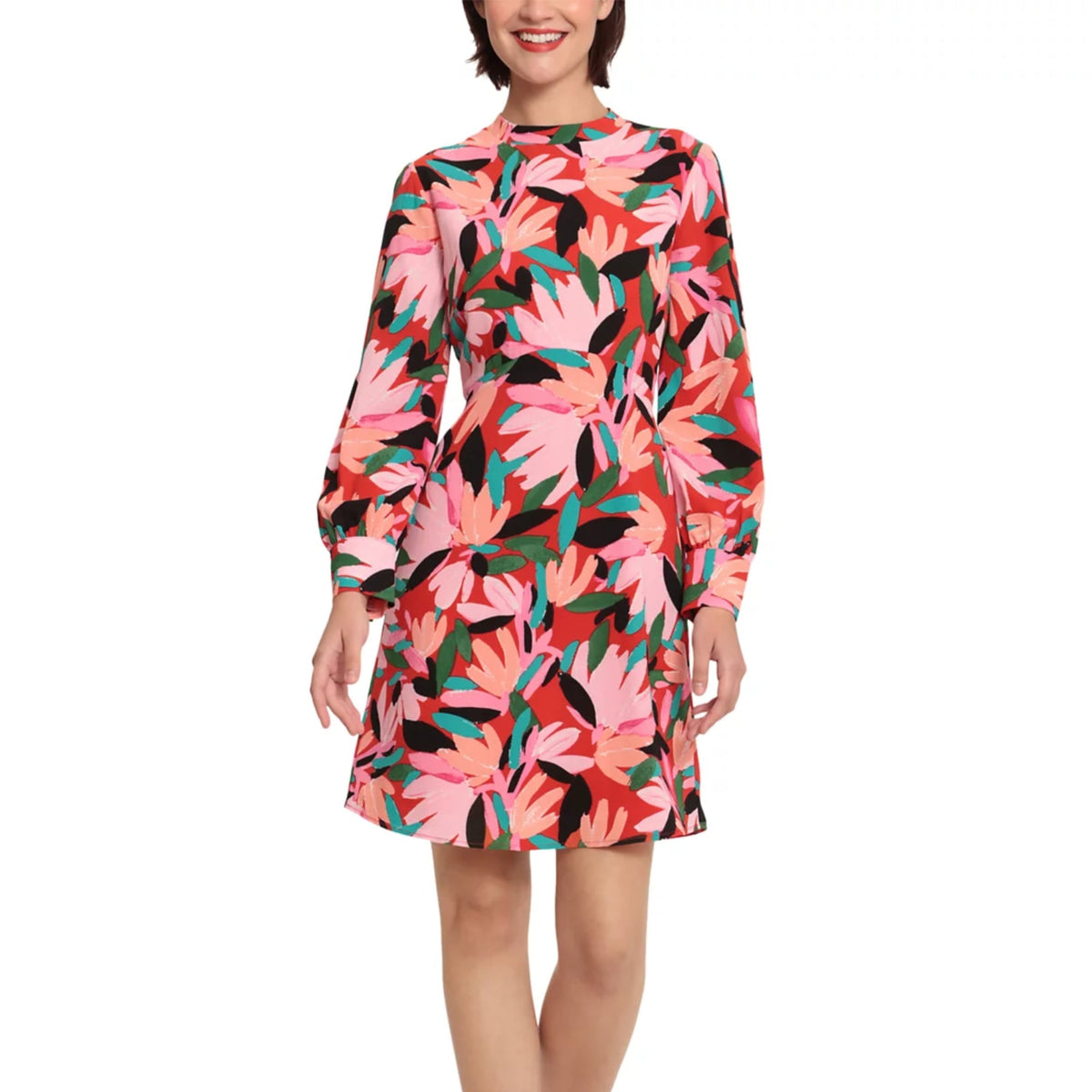 thumbnail image 1 of DONNA MORGAN Women's Mock Neck Long Sleeve Floral Print Shift Mini Dress (Pink, 12), 1 of 7