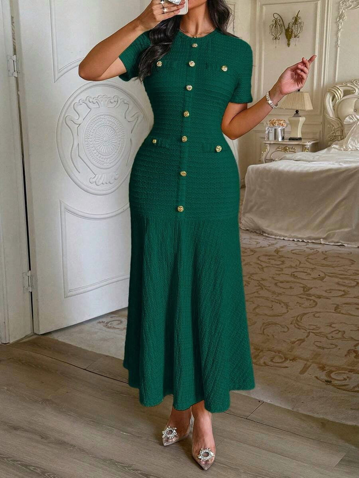 thumbnail image 1 of Dark Green Tweed Midi Dress With Rhinestone Buttons, Short Sleeve Round, 1 of 11