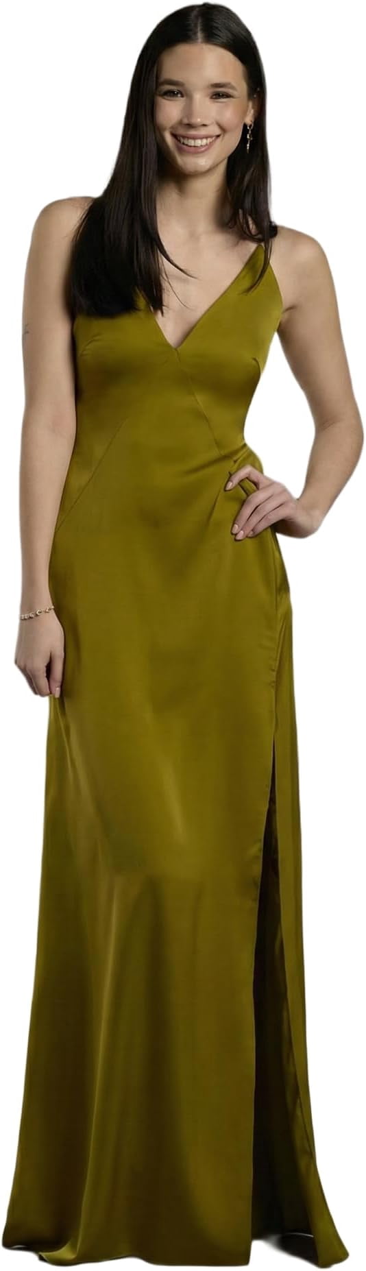 thumbnail image 1 of David’s Bridal, The Edit by DB Studio Women's Formal Plunge Seamed Slim A-Line Dress, Full Length, Charmeuse, 1 of 8